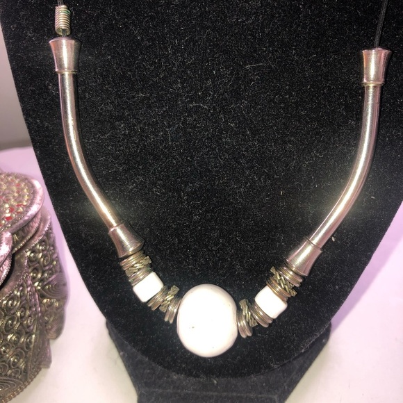 Minimalist Silver and White Necklace with white beads as the focal point- used - Picture 2 of 5